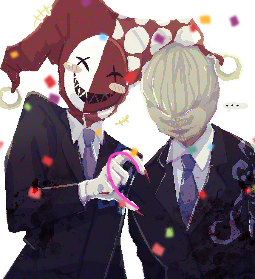 +++ 2boys black_jacket blue_necktie blush blush_stickers collared_shirt confetti extra_hands hat heart_hands_failure jacket jester_cap library_of_ruina long_sleeves mask multiple_boys necktie oswald_(project_moon) philip_(project_moon) project_moon shirt simple_background suit tapioca_no_mori white_background white_shirt