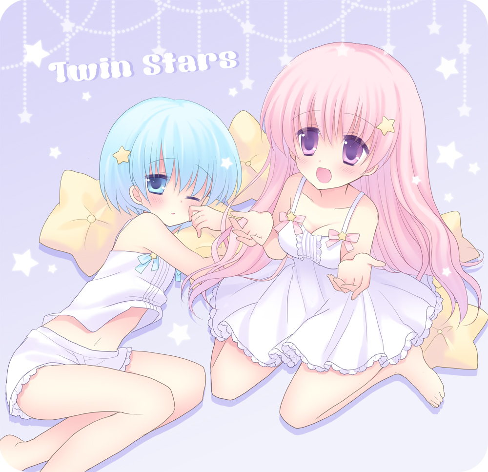 :d ;o bare_legs barefoot blue_eyes blue_hair blush breasts cleavage copyright_request dress drowsy english eyebrows_visible_through_hair hair_ornament happy hoshimame_mana long_hair looking_at_viewer lying multiple_girls navel on_side one_eye_closed open_mouth pajamas parted_lips pillow pink_hair purple_eyes short_hair shorts sitting sleepy smile star star_hair_ornament star_pillow sundress wariza