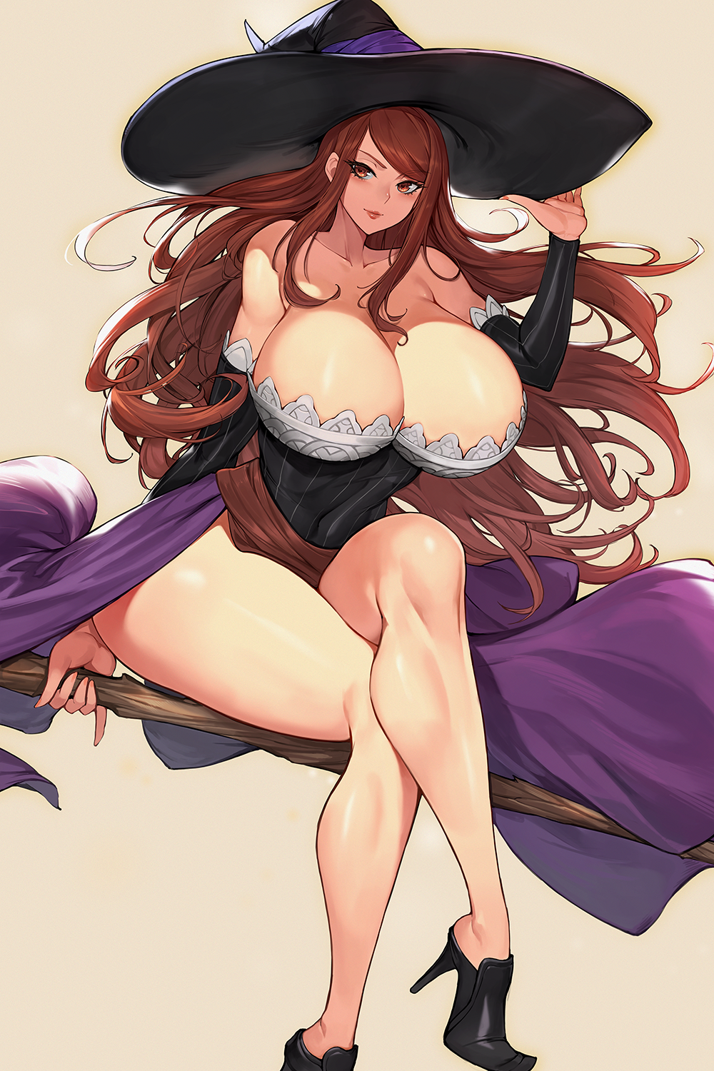 1girl bare_shoulders black_footwear black_headwear breasts brown_background brown_eyes brown_hair cleavage closed_mouth collarbone commentary_request crossed_legs dragon's_crown gurimjang hat highres huge_breasts legs lips long_hair looking_at_viewer shoes simple_background sitting smile solo sorceress_(dragon's_crown) thighs witch_hat