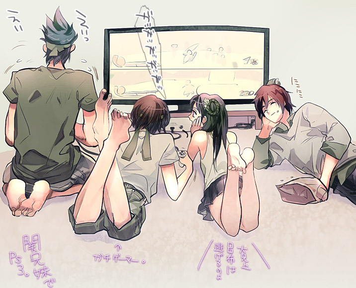 3boys ^_^ bare_legs black_hair brown_hair check_translation closed_eyes contemporary controller eating from_behind game_controller guan_ping guan_suo guan_xing guan_yinping hachimaki hair_ornament headband heikkisosa long_hair multiple_boys shin_sangoku_musou shin_sangoku_musou_7 shorts siblings skirt tank_top television translated translation_request
