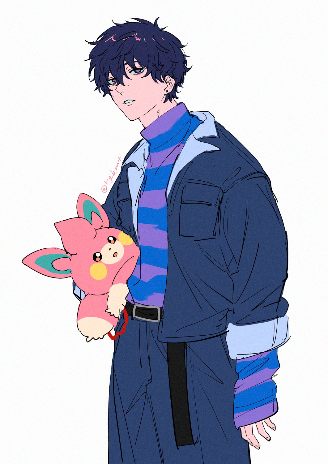 1boy 32_(rgb_mt) arm_at_side belt black_belt black_hair blue_jacket blue_pants blue_sweater carrying carrying_under_arm commentary_request cowboy_shot crossover denim denim_jacket earrings expressionless grey_background highres holding holding_pokemon jack-o'_ran-tan jacket jewelry long_sleeves looking_at_viewer male_focus messy_hair napoli_no_otokotachi open_clothes open_jacket pants parted_lips pawmi pokemon pokemon_(creature) purple_eyes purple_sweater shirt_tucked_in short_hair simple_background solo standing striped_clothes striped_sweater stud_earrings sweater turtleneck turtleneck_sweater twitter_username two-tone_sweater