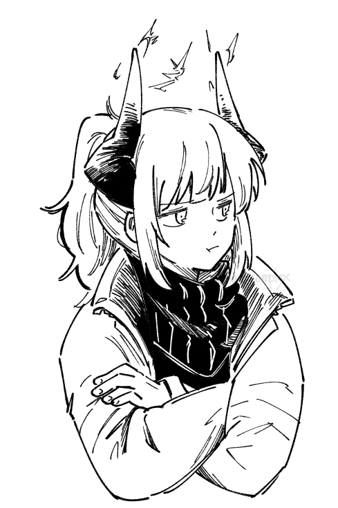 1girl annoyed arknights averting_eyes closed_mouth commentary_request cropped_torso crossed_arms dragon_girl dragon_horns greyscale haruichi_(sazanami_complex) hatching_(texture) high_collar horns jacket linear_hatching liskarm_(arknights) long_sleeves looking_to_the_side medium_hair monochrome open_clothes open_jacket ponytail pout scarf simple_background solo upper_body