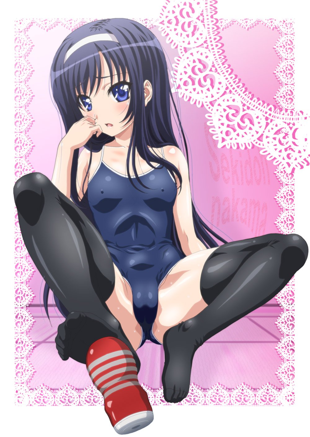 1girl black_hair black_thighhighs blue_eyes blue_one-piece_swimsuit blush breasts covered_navel covered_nipples hairband highres inagaki_sae kimura_tsuyoshi long_hair looking_at_viewer one-piece_swimsuit parted_lips shoujo_kyouiku sitting small_breasts solo spread_legs swimsuit tenga textless_version thighhighs