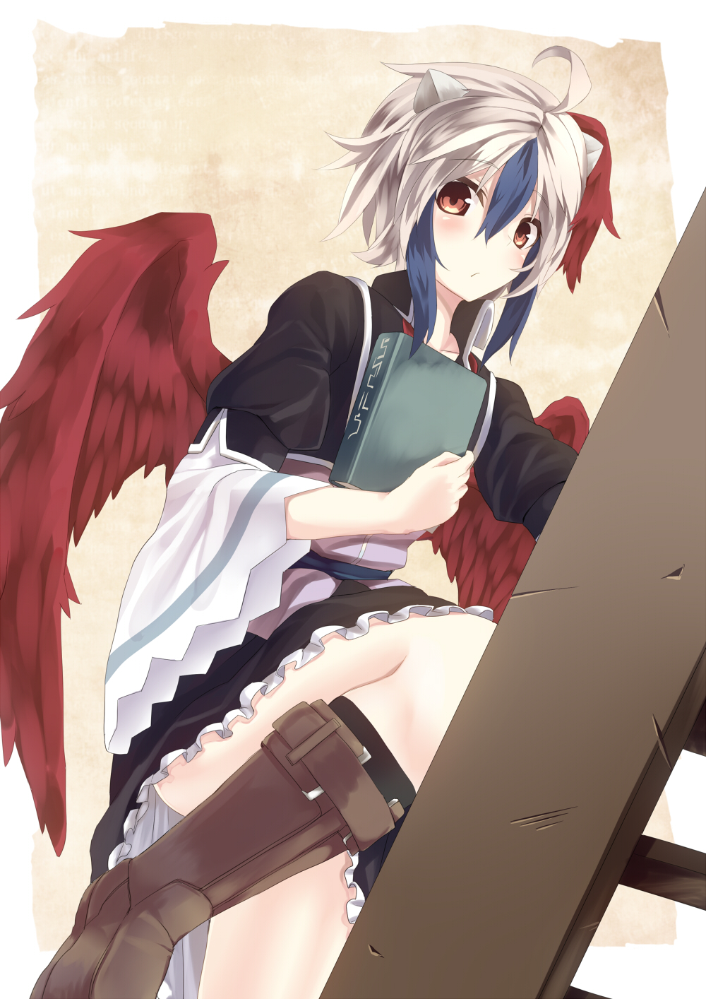 ahoge bad_id bad_pixiv_id blue_hair book boots head_wings highres horns looking_at_viewer multicolored_hair red_wings roten_(rotenburo) short_hair silver_hair single_head_wing solo tokiko_(touhou) touhou two-tone_hair wings