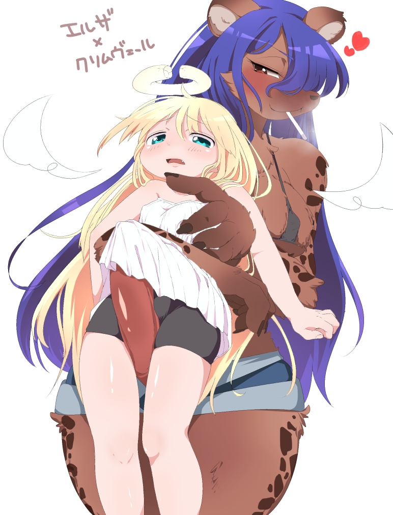 angel anthro blonde_hair blue_hair blush breasts brown_body brown_ears brown_fur bulge cheek_tuft cigarette cigarette_in_mouth clothing crimvael_(interspecies_reviewers) duo elza_(interspecies_reviewers) embrace facial_tuft fingers fur fur_tuft hair halo hug hugging_from_behind hyena interspecies_reviewers japanese_text komochizuki larger_anthro mammal markings object_in_mouth open_mouth simple_background size_difference smoking spots spotted_body spotted_fur text tongue topwear tuft white_background white_wings wings
