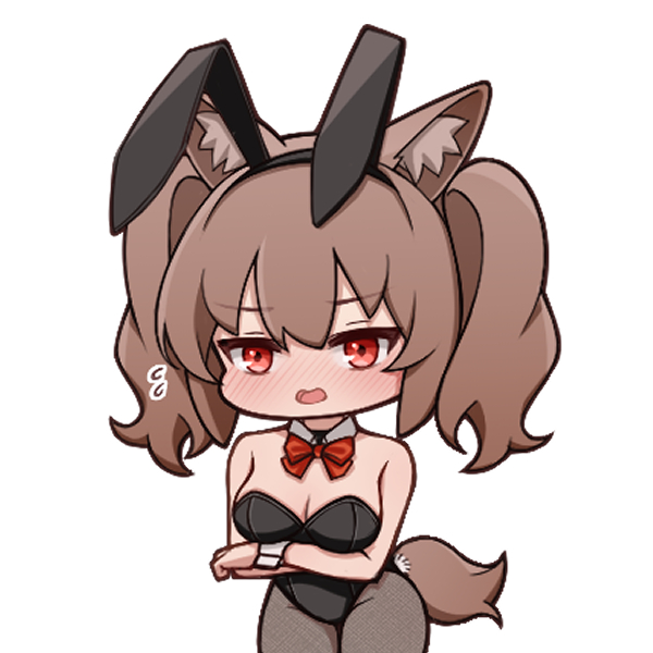 1girl angelina_(arknights) animal_ear_fluff animal_ears arknights arms_under_breasts bare_shoulders black_hairband black_leotard blush bow breasts brown_hair brown_pantyhose chibi cleavage collar detached_collar fake_animal_ears flying_sweatdrops hair_between_eyes hairband leotard lxjun_09 medium_breasts nose_blush open_mouth pantyhose playboy_bunny rabbit_ears red_bow red_eyes simple_background solo strapless strapless_leotard tail twintails white_background white_collar wing_collar wrist_cuffs