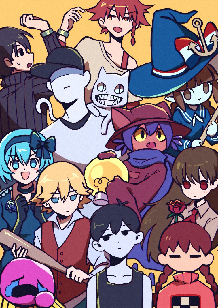 1other 4girls 6+boys :o anchor_hat_ornament animal animal_ears animal_hat animal_on_shoulder aqua_eyes aqua_hair ascot baseball_bat baseball_cap black_eyes black_gloves black_hair black_shirt blonde_hair blue_bow blue_choker blue_dress blue_eyes blue_flower blue_hairband blue_headwear blue_sailor_collar blue_scarf blue_serafuku blush_stickers bow bracelet braid brown_eyes brown_hair brown_headwear brown_sweater buttons cat cat_ears choker claire_elford closed_eyes closed_mouth collarbone collared_shirt colored_sclera colored_skin crossover crying dark_skin dress elbow_gloves end_roll expressionless fang flower funamusea gloves green_bracelet hair_between_eyes hairband hat hat_bow hat_ornament holding holding_baseball_bat holding_flower holding_staff ib ib_(ib) jewelry ka42541785 light_bulb long_hair looking_at_another looking_at_viewer madotsuki maeno_aki mob_face multicolored_bow multiple_boys multiple_girls niko_(oneshot) off-shoulder_shirt off_(game) off_shoulder omori omori_(omori) oneshot_(game) oounabara_to_wadanohara open_mouth phillip_(space_funeral) pink_skin pink_sweater pointy_ears print_sweater purple_hair red_ascot red_bow red_eyes red_flower red_hair red_rose red_vest rose russell_seager sailor_collar scarf school_uniform serafuku shaded_face shirt short_hair sidelocks simple_background single_braid skin_fang sleeveless sleeveless_shirt sleeves_past_fingers sleeves_past_wrists smile space_funeral staff striped_clothes striped_shirt sweatdrop sweater the_batter_(off) tsugino_haru twin_braids vertical-striped_clothes vertical-striped_shirt vest wadanohara whiskers white_bow white_shirt white_skin witch's_heart witch_hat yellow_background yellow_sclera yellow_shirt yume_nikki zeno_(game)