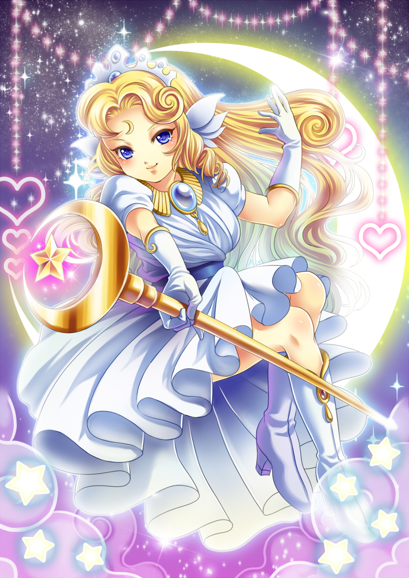 blonde_hair blue_eyes boots crescent crescent_moon crown curly_hair dress facial_mark forehead_mark full_body gloves head_wings heart jewelry knee_boots long_hair moon necklace panel_de_pon ruitan_(rrruitan) seren_(panel_de_pon) smile solo sparkle staff white_dress