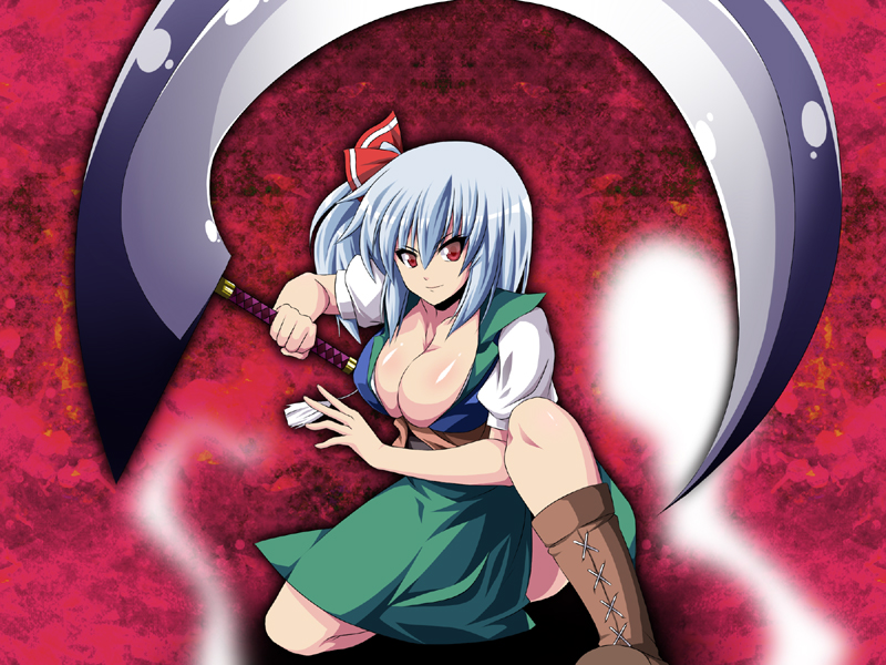 alternate_weapon boots breasts cleavage fal_(falketto) fusion ghost hair_ribbon if_they_mated konpaku_youmu konpaku_youmu_(ghost) large_breasts onozuka_komachi red_eyes ribbon scythe short_hair silver_hair smile solo touhou weapon