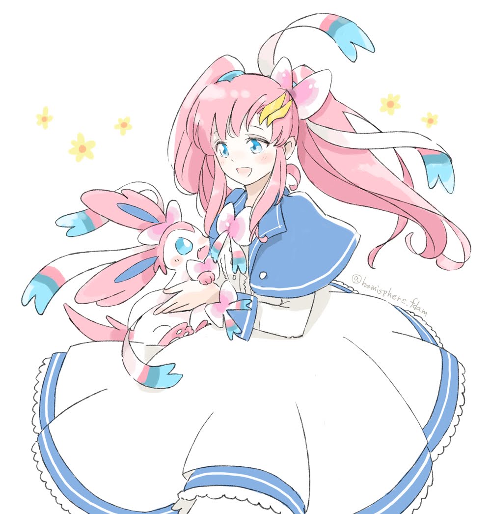 1girl blue_eyes dress flower gundam gundam_seed gundam_seed_destiny gundam_seed_freedom hair_ornament hair_ribbon hemisphere lacus_clyne long_dress long_hair long_sleeves open_mouth pink_hair pokemon pokemon_(creature) prehensile_ribbon ribbon simple_background smile sylveon twintails very_long_hair white_background