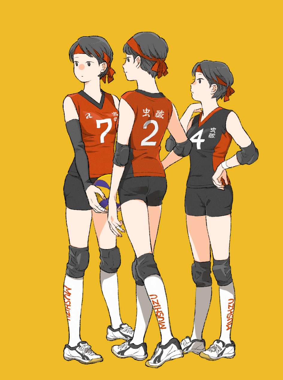 3girls ball bandaged_fingers bandaged_wrist bandages black_eyes black_hair detached_sleeves elbow_pads facing_away hand_on_own_hip headband highres holding holding_ball knee_pads kneehighs looking_ahead looking_to_the_side multiple_girls original pixie_cut profile shoes shokugyo short_hair shorts sleeveless sneakers socks sportswear volleyball volleyball_uniform yellow_background