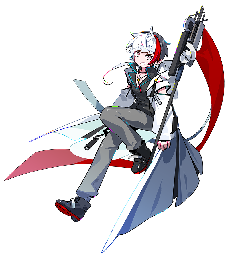 1boy arknights arm_cutout black_footwear black_hair black_jacket coat commentary elysium_(arknights) feather_hair flag flagpole full_body grey_eyes grey_pants grin holding holding_flag jacket jewelry knee_up lab_coat looking_at_viewer male_focus multicolored_hair necklace nsi_(2312_0120) pants red_hair simple_background smile solo symbol-only_commentary white_background white_coat white_hair