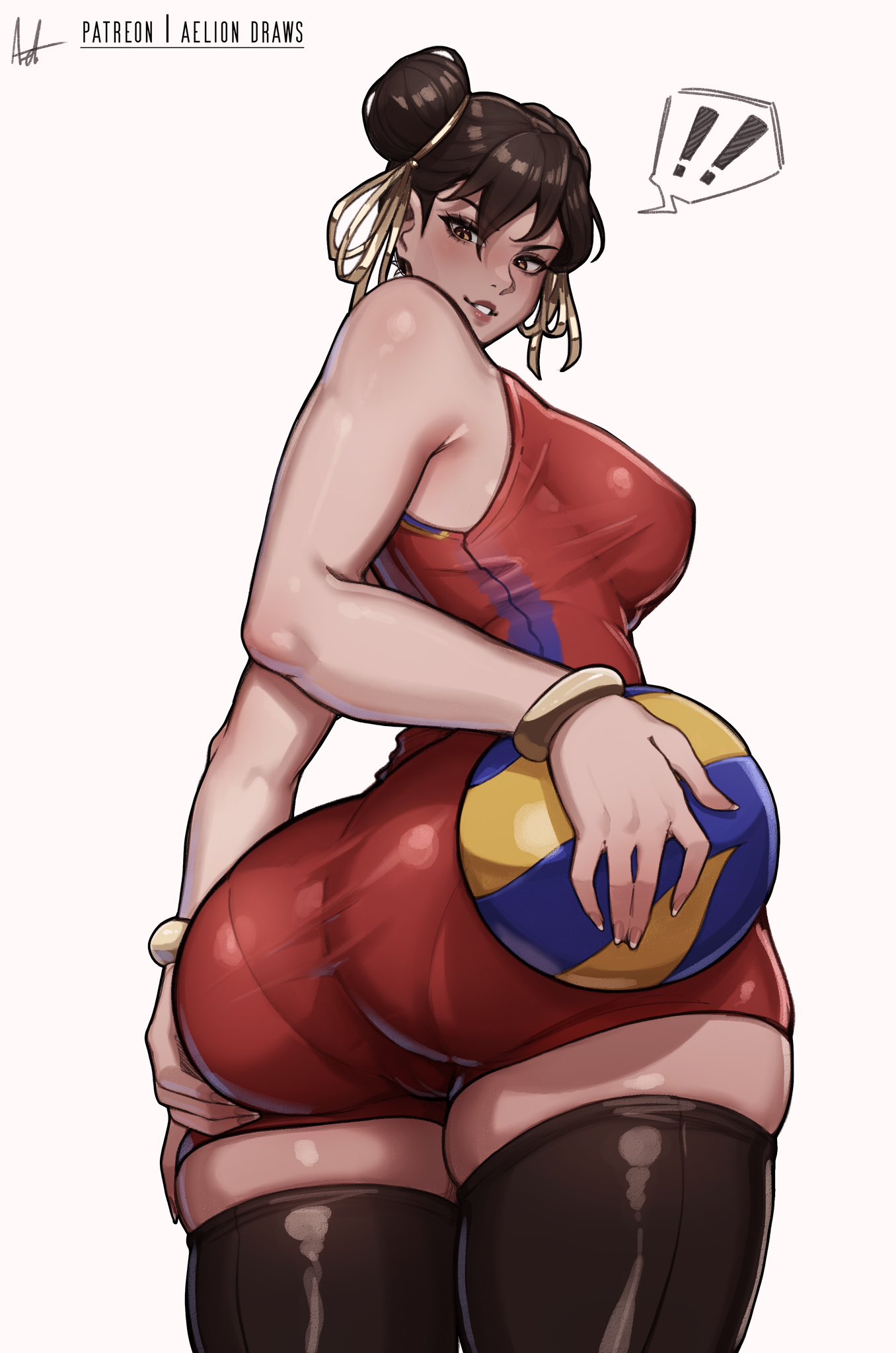 ... 1girl aelion_draws ass ass_focus ass_support blush breasts brown_eyes chun-li curvy dat_ass double_bun english_commentary fhuge_ass hair_bun hand_on_own_ass highres large_breasts looking_at_viewer looking_back official_alternate_costume pantylines red_shorts short_hair shorts sideboob solo spoken_ellipsis sportswear street_fighter street_fighter_6 sweat thick_thighs thighhighs thighs toned volleyball volleyball_uniform white_background