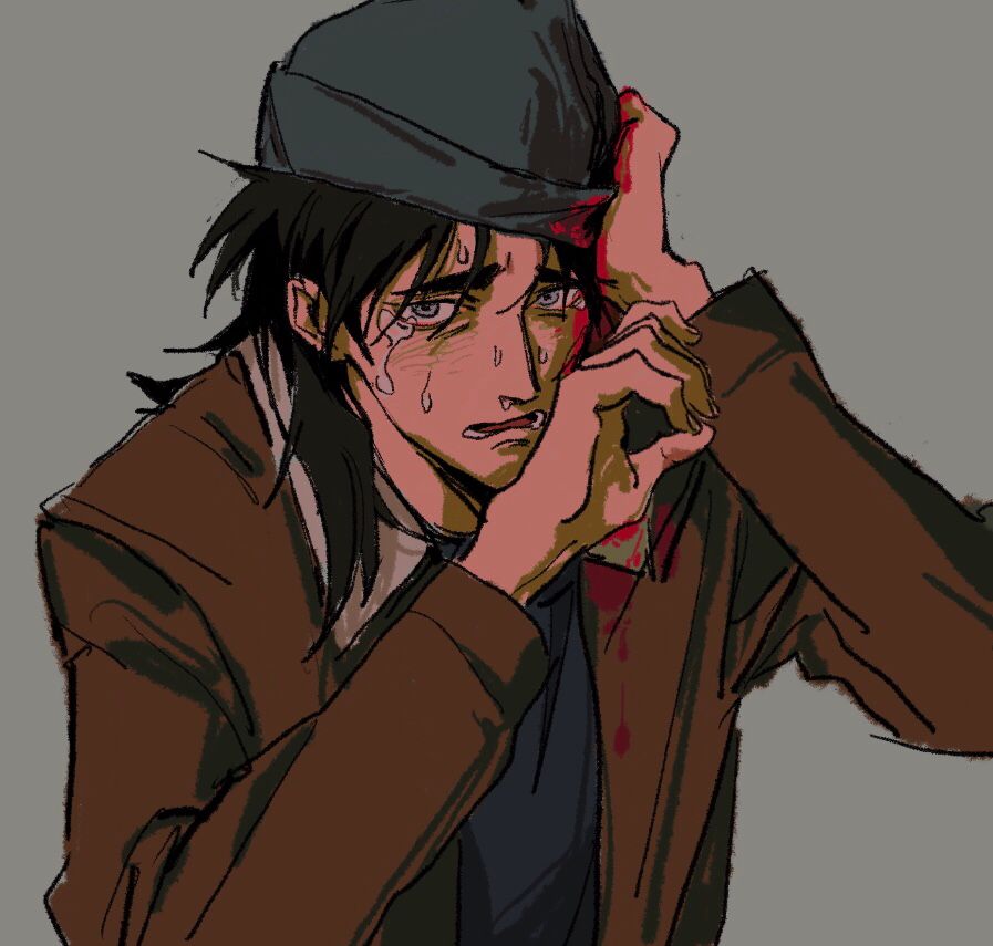 1boy beanie black_hair blood blood_on_clothes blood_on_face bomber_jacket brown_jacket commentary_request crying crying_with_eyes_open grey_background grey_eyes grey_headwear hat itou_kaiji jacket kaiji long_hair long_sleeves looking_at_viewer male_focus open_clothes open_jacket open_mouth scar scar_on_cheek scar_on_face simple_background solo tears upper_body zvz_(tt82295946)
