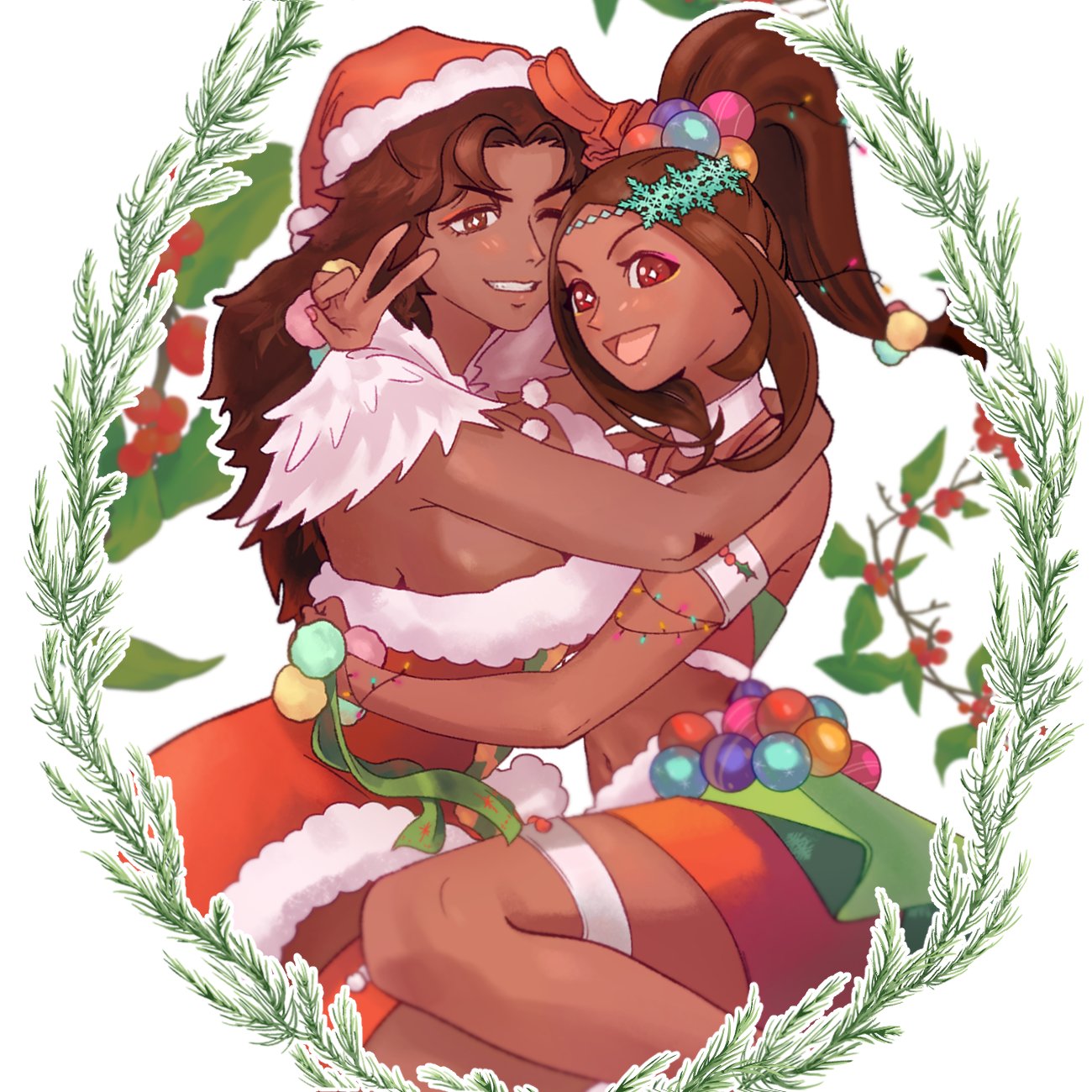 2girls bracelet christmas dark-skinned_female dark_skin eyeliner eyeshadow fire_emblem fire_emblem_engage highres hug jewelry makeup mother_and_daughter multiple_girls pearl_bracelet pink_eyeliner pink_eyeshadow santa_costume seforia_(fire_emblem) star-shaped_pupils star_(symbol) symbol-shaped_pupils timerra_(fire_emblem) uh_ahk yellow_eyeliner