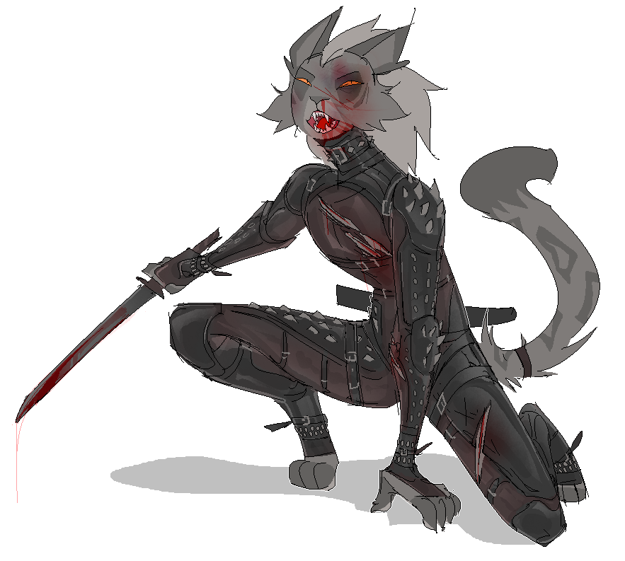5_fingers alpha_channel anthro biped black_eye_(injury) blood blood_on_weapon bodily_fluids bruised fangs felid feline fingers fur grey_body grey_fur holding_object holding_weapon jam_(artist) male mammal nosebleed open_mouth simple_background solo tail teeth transparent_background weapon wounded