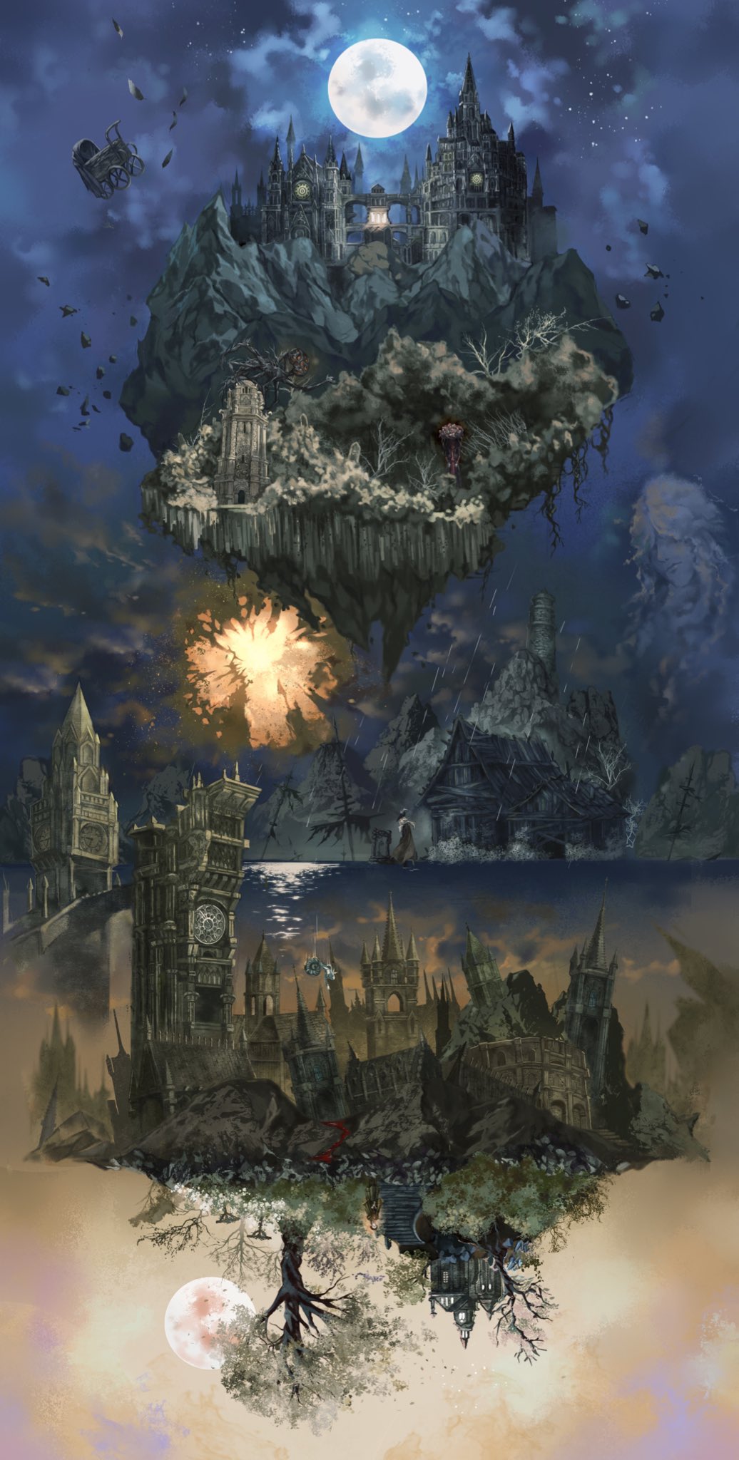 3girls amygdala architecture ascot blood bloodborne bonnet brain_of_mensis bush clock clock_tower cloud cloudy_sky coat day doll dress eldritch_abomination flying_buttress full_moon gothic gothic_architecture hat hat_feather highres kos_(bloodborne) lady_maria_of_the_astral_clocktower mergo's_wet_nurse moon multiple_girls night night_sky orphan_of_kos plain_doll ponytail post-apocalypse rain river riverbank roots ruins scenery sky star_(sky) starry_sky tower tree tricorne upside-down watchtower white_hair yharnam yujia0412