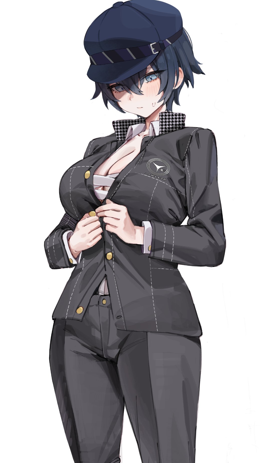 1girl black_jacket black_pants blue_eyes blue_hair blue_headwear blush breasts cabbie_hat cleavage closed_mouth collared_shirt commentary cowboy_shot dress_shirt dressing embarrassed expressionless gompang_11 hair_between_eyes hat highres houndstooth jacket large_breasts looking_at_self looking_down open_clothes open_shirt pants persona persona_4 popped_collar sarashi school_uniform shirogane_naoto shirt short_hair simple_background solo standing sweatdrop tomboy undone_sarashi unmoving_pattern very_short_hair white_background white_shirt yasogami_school_uniform