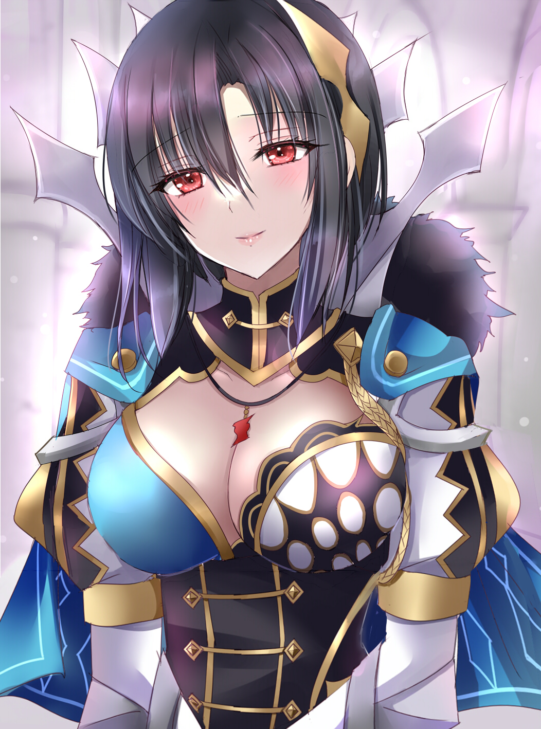 1girl black_hair blue_cape blush breasts cape cleavage closed_mouth commentary_request fire_emblem fire_emblem_engage fur-trimmed_cape fur_trim hair_ornament highres jewelry kirishima_riona large_breasts lips looking_at_viewer necklace nel_(fire_emblem) pink_lips red_eyes short_hair smile solo