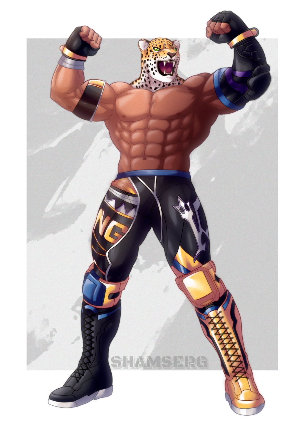 1boy abs animal_ears animal_head asymmetrical_gloves asymmetrical_legwear bara black_footwear english_text full_body gloves highres jaguar_boy jaguar_ears king_(tekken) large_pectorals male_focus mismatched_gloves mismatched_legwear muscular muscular_male navel pectorals shamserg simple_background solo tekken tekken_8 topless_male wrestler wrestling_ring yellow_footwear