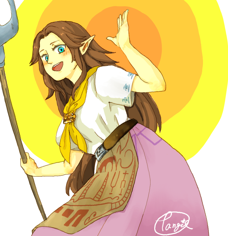 apron bad_id bad_pixiv_id belt belt_buckle blue_eyes blush breasts brown_hair buckle large_breasts long_hair long_skirt malon neckerchief older open_mouth pitchfork pointy_ears skirt smile solo tangiman the_legend_of_zelda the_legend_of_zelda:_ocarina_of_time triforce waist_apron waving