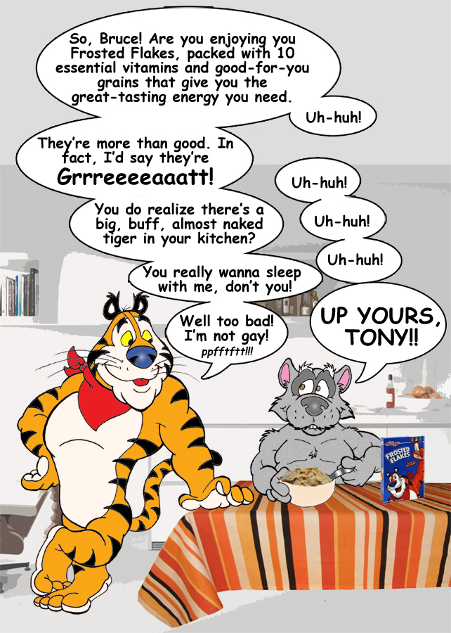 allcaps anthro bandanna black_stripes black_tablecloth blue_nose breakfast breakfast_cereal brown_eyes bruce_(brucebadger) brucebadger cereal_box clothed clothing cutlery dialog_balloon dialogue duo eating_cereal english_text frosted_flakes fur grey_body grey_fur grey_nose hand_on_table holding_spoon inside kellogg's kerchief kitchen kitchen_utensils male male/male markings mascot open_mouth orange_body orange_fur orange_tablecloth red_bandanna red_kerchief smile spoon striped_markings stripes tablecloth teeth_showing text tongue_showing tony_the_tiger tools topless whiskers white_body white_fur yellow_sclera