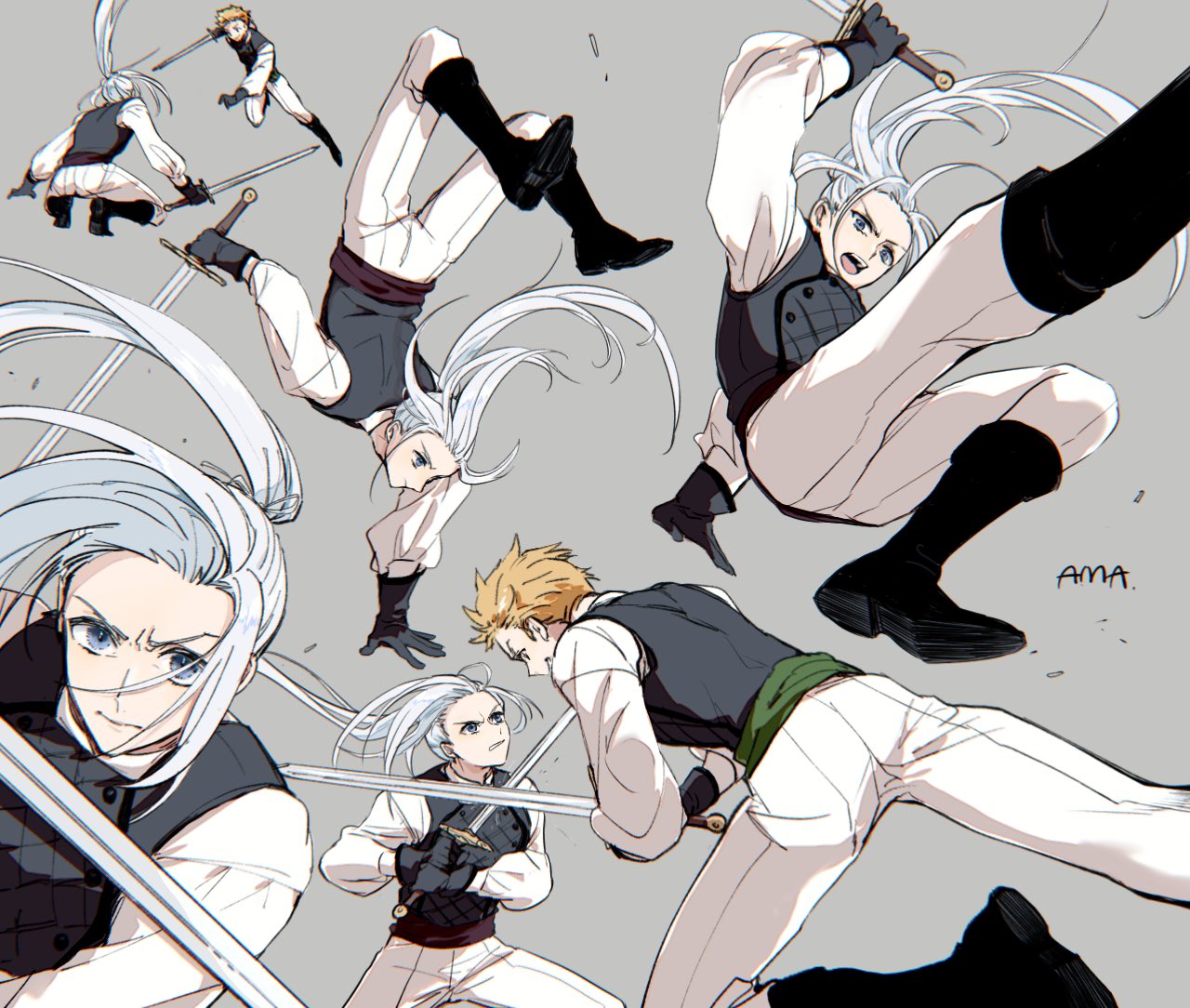 2boys ama_(amayadori_ok) arm_support arthur_beresford artist_name battle black_footwear blonde_hair blue_eyes boots character_request charging_forward clash closed_mouth duel eye_contact facing_another floating_hair gloves grey_background grey_gloves grey_vest handstand higeki_no_genkyou_tonaru_saikyou_gedou_last_boss_joou_wa_tami_no_tame_ni_tsukushimasu holding holding_sword holding_weapon jacket jumping kicking knee_boots long_hair long_sleeves looking_at_another looking_at_viewer male_focus multiple_boys multiple_views one_arm_handstand open_mouth pants ponytail shoe_soles short_hair simple_background squatting sword training uniform upside-down very_long_hair vest weapon white_hair white_jacket white_pants