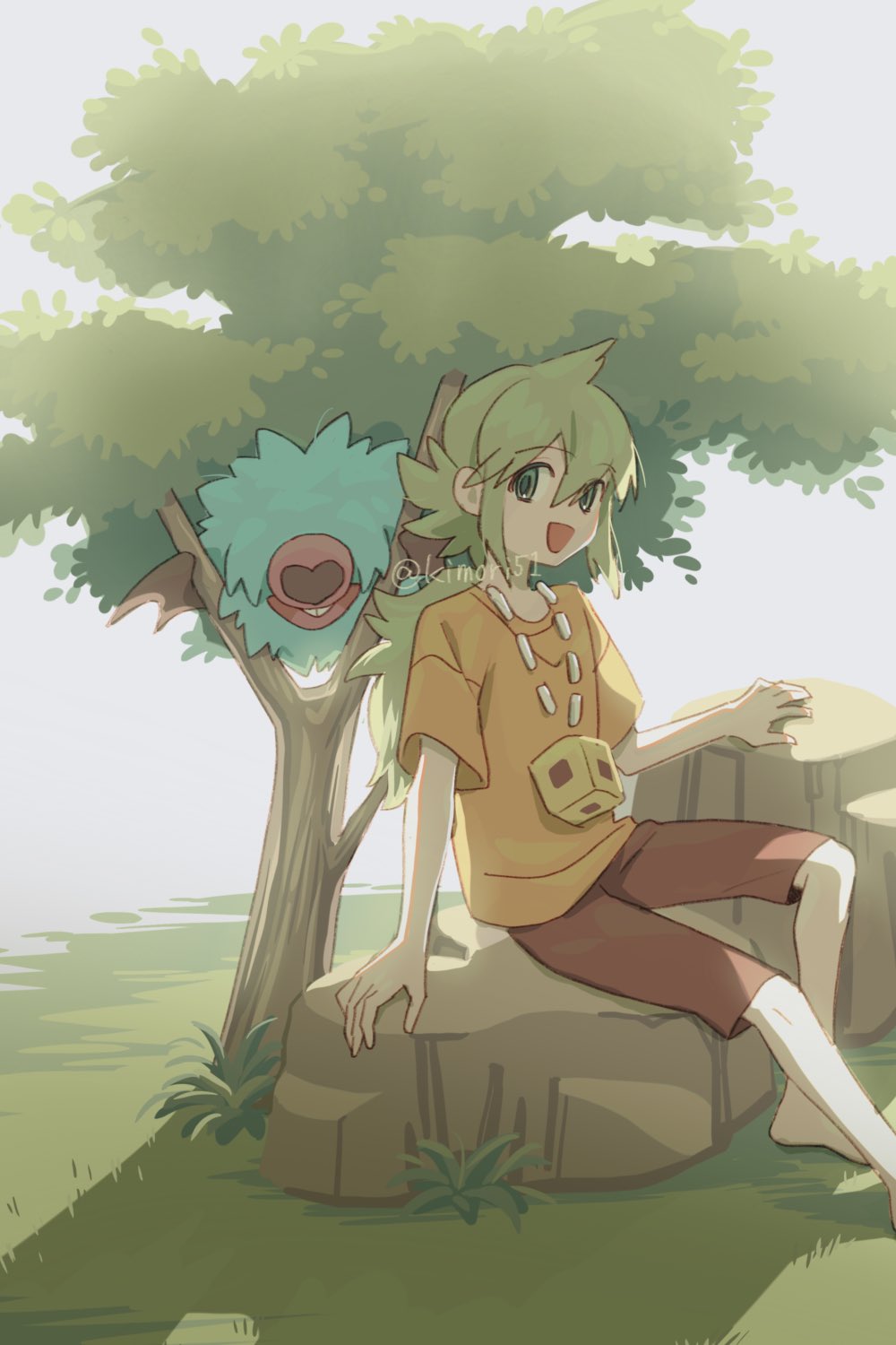 1boy :d aged_down arm_support barefoot brown_shorts commentary_request day grass green_hair hair_between_eyes happy highres long_hair male_focus n_(pokemon) nagiru open_mouth outdoors pokemon pokemon_(creature) pokemon_bw rock shirt short_sleeves shorts sitting smile t-shirt tree woobat