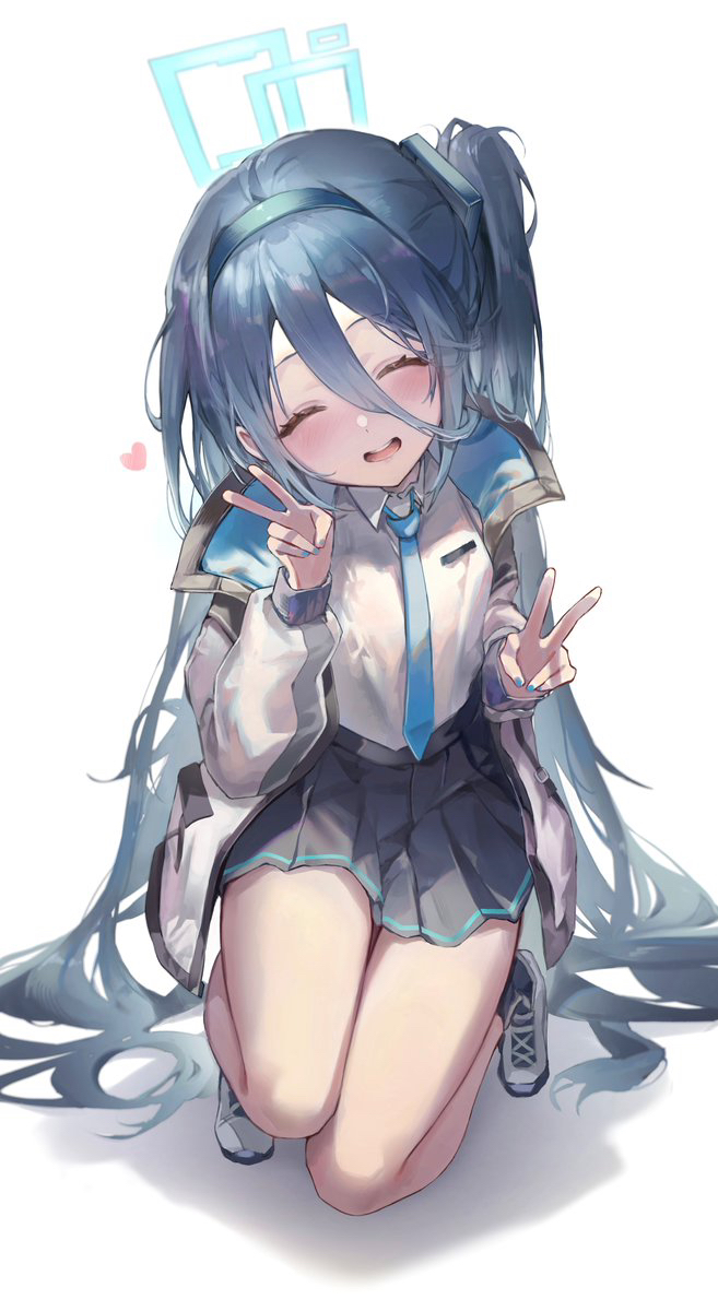 1girl absurdly_long_hair aris_(blue_archive) black_hair black_skirt black_socks blue_archive blue_halo blue_necktie blush closed_eyes collared_shirt double_v halo heart highres hisiya_(wldn1112) long_hair long_sleeves necktie one_side_up open_mouth pleated_skirt shirt shoes simple_background skirt smile socks solo v very_long_hair white_background white_footwear white_shirt
