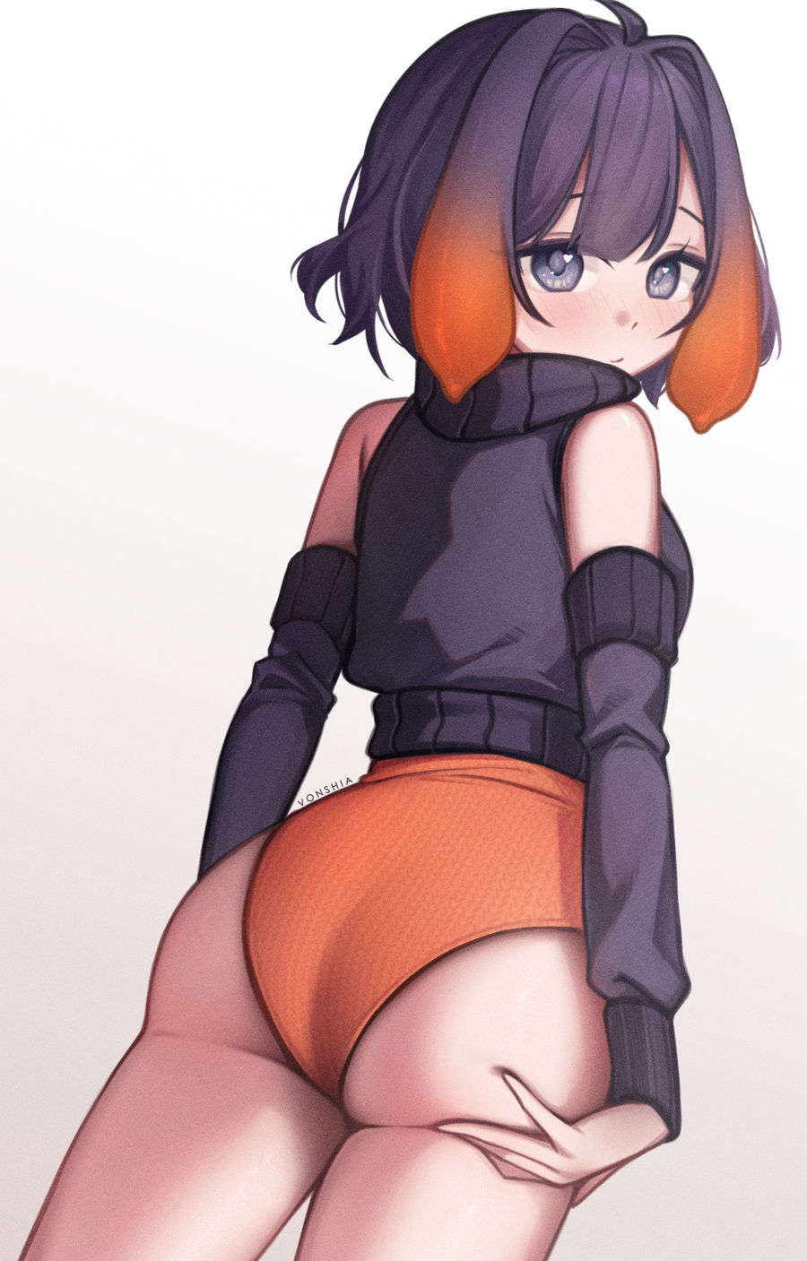 1girl ass bare_shoulders black_sleeves black_sweater detached_sleeves from_behind gradient_hair grey_eyes heart heart_in_eye highleg highleg_leotard highres hololive hololive_english leotard long_sleeves looking_at_viewer looking_back multicolored_hair ninomae_ina'nis orange_hair orange_leotard purple_hair ribbed_leotard short_hair simple_background solo sweater symbol_in_eye tentacle_hair turtleneck turtleneck_sweater virtual_youtuber vonshia white_background