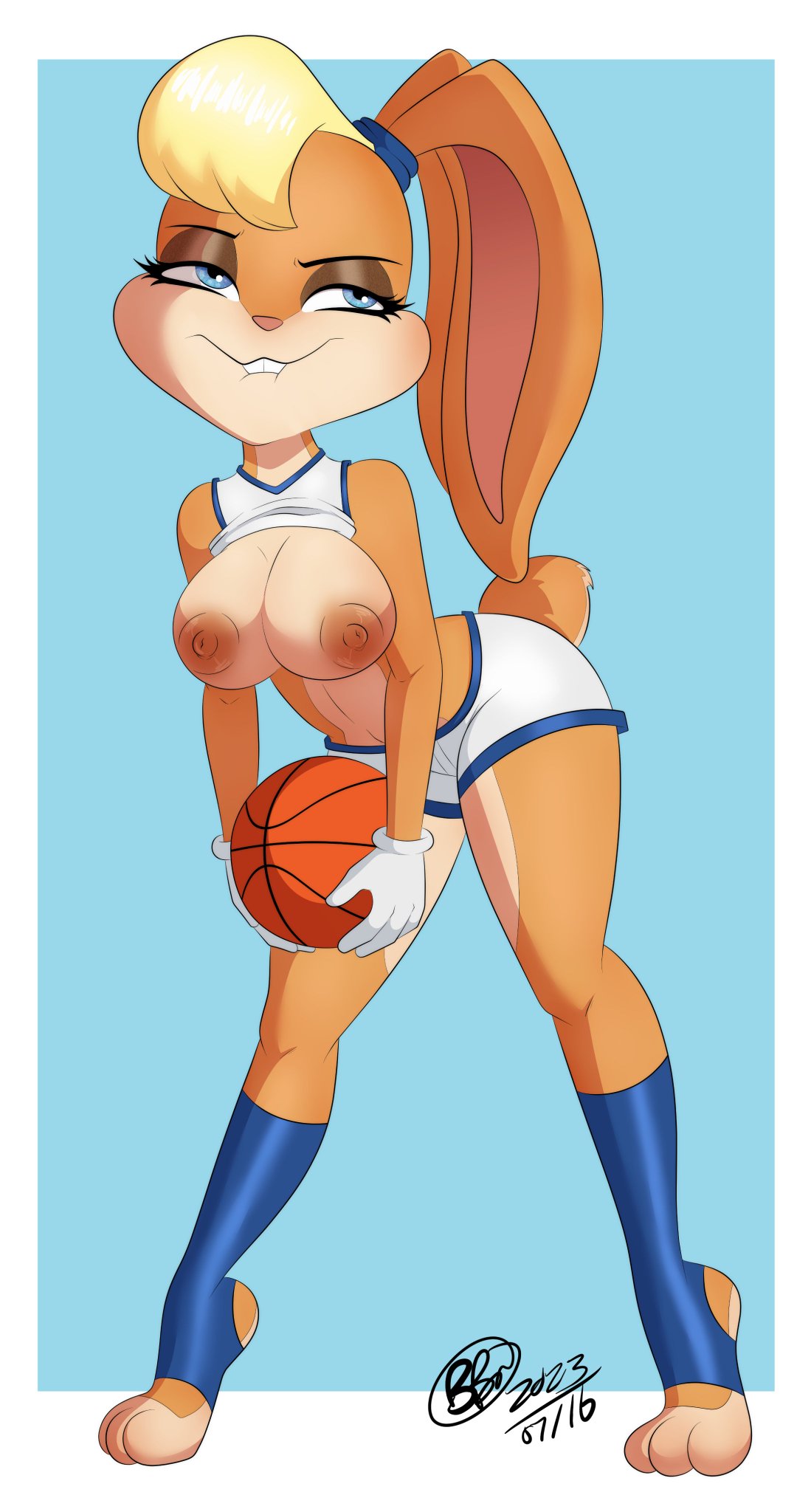 2023 3_toes 4_fingers accessory anthro areola athletic_wear ball basketball_(ball) big_breasts bite biting_lip biting_own_lip black_eyebrows black_eyeliner blonde_hair blue_background blue_bottomwear blue_clothing blue_eyes blue_footwear blue_hair_tie blue_shirt blue_shorts blue_socks blue_topwear border bottomwear breasts brown_areola brown_nipples buckteeth bunbunmuffins butt clothing countershade_legs countershade_neck countershade_thighs countershade_torso countershading dated ears_tied_back exposed_breasts eyebrows eyelashes eyeshadow feet female fingers floppy_ears footwear fur gloves hair hair_accessory hair_tie half-closed_eyes handwear hi_res holding_basketball holding_object hotpants jersey lagomorph leaning leaning_forward leporid lola_bunny looking_aside looney_tunes lop_ears makeup mammal mascara mouth_closed multicolored_body multicolored_bottomwear multicolored_clothing multicolored_fur multicolored_shirt multicolored_shorts multicolored_topwear narrowed_eyes navel nipples orange_body orange_ears orange_fur orange_tail pink_inner_ear pink_nose rabbit scut_tail shirt shirt_up short_tail shorts signature simple_background socks solo space_jam standing tail tan_body tan_fur tan_tail teeth toes topwear two_tone_body two_tone_bottomwear two_tone_clothing two_tone_fur two_tone_shirt two_tone_shorts two_tone_tail two_tone_topwear warner_brothers white_border white_bottomwear white_clothing white_gloves white_handwear white_shirt white_shorts white_topwear