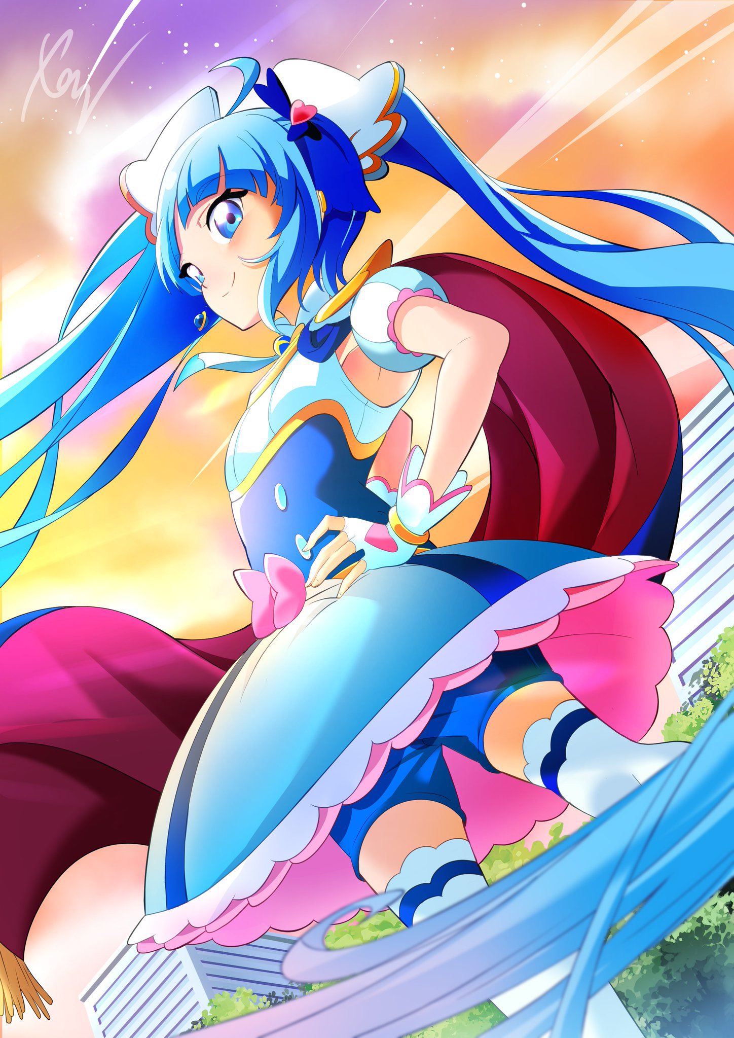 1girl ahoge bike_shorts blue_cape blue_dress blue_eyes blue_hair blue_shorts bow brooch cape closed_mouth commentary cure_sky cut_bangs dress dress_bow earrings fingerless_gloves fringe_trim gloves hand_on_own_hip highres hirogaru_sky!_precure jewelry long_hair looking_at_viewer magical_girl orange_sky outdoors pink_hair precure puffy_short_sleeves puffy_sleeves red_cape short_dress short_sleeves shorts shorts_under_dress single_sidelock sky sleeveless sleeveless_dress smile solo sora_harewataru standing thighhighs tirofinire twilight twintails two-sided_cape two-sided_fabric white_gloves white_thighhighs wind wing_brooch wing_hair_ornament