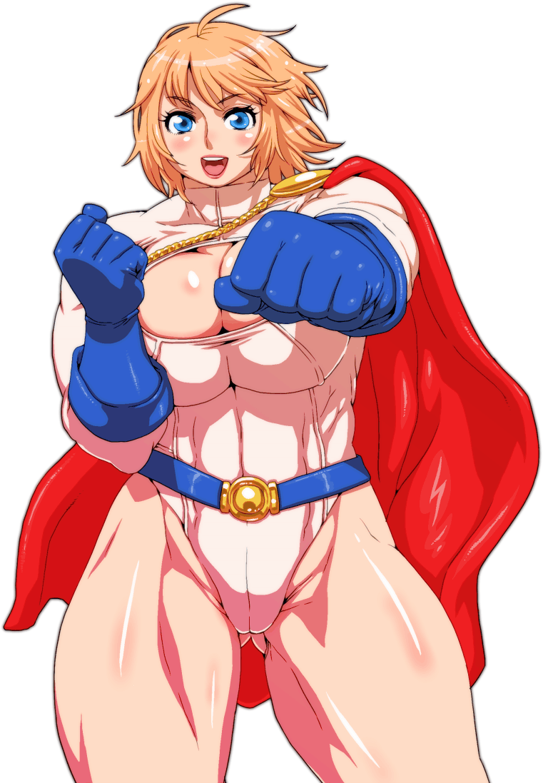 belt blonde_hair blue_eyes bob_cut breasts buckle cameltoe cape cleavage curvy dc_comics gloves kryptonian large_breasts leotard muscle nezunezu power_girl punching red_cape shiny shiny_skin short_hair solo superman_(series) thick_thighs thighs