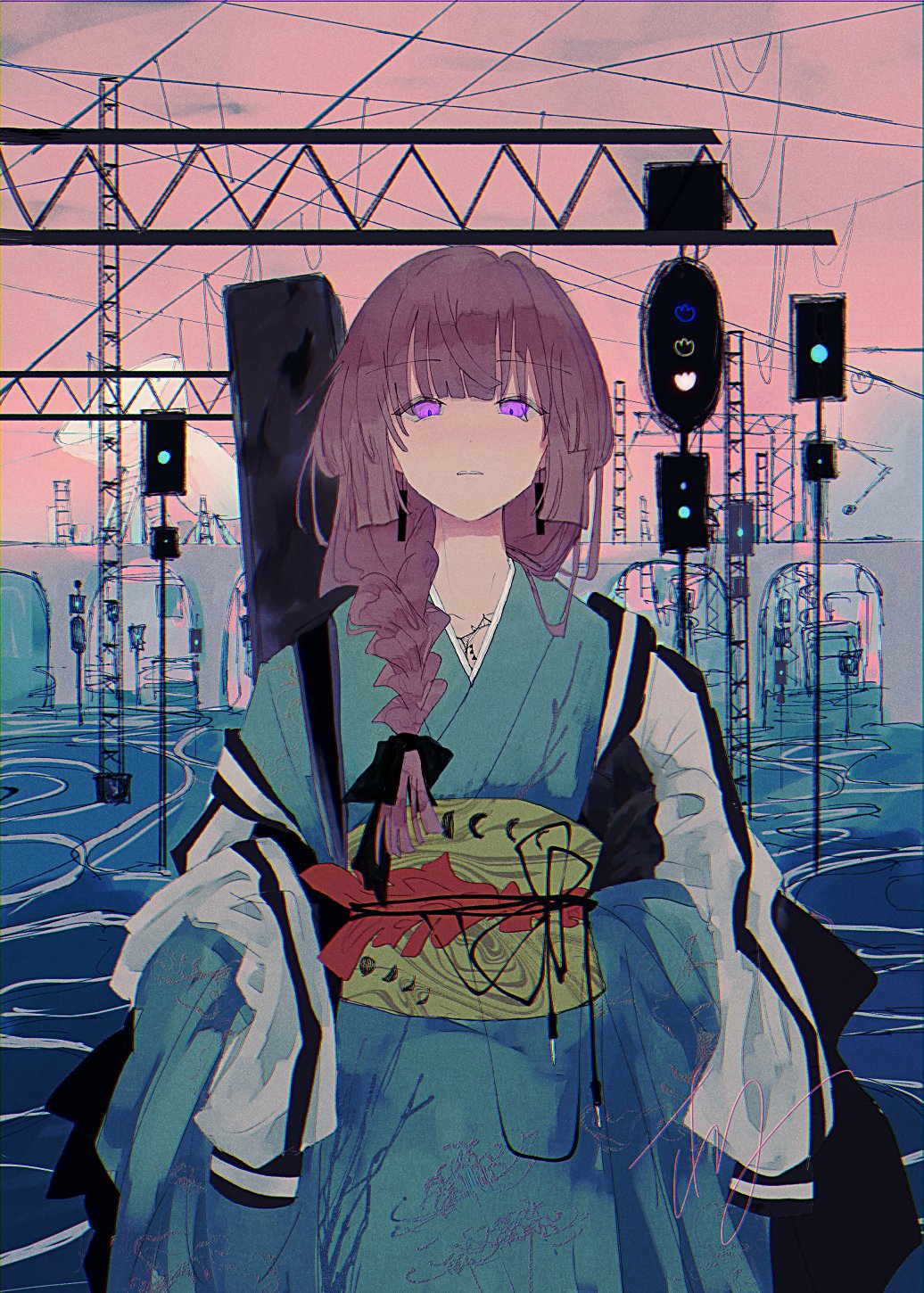 1girl adapted_costume bocchi_the_rock! braid expressionless green_kimono highres hiroi_kikuri htnn111 jacket japanese_clothes kimono looking_at_viewer open_clothes open_jacket pink_eyes pink_hair satellite_dish single_braid sketch solo track_jacket traffic_light white_jacket