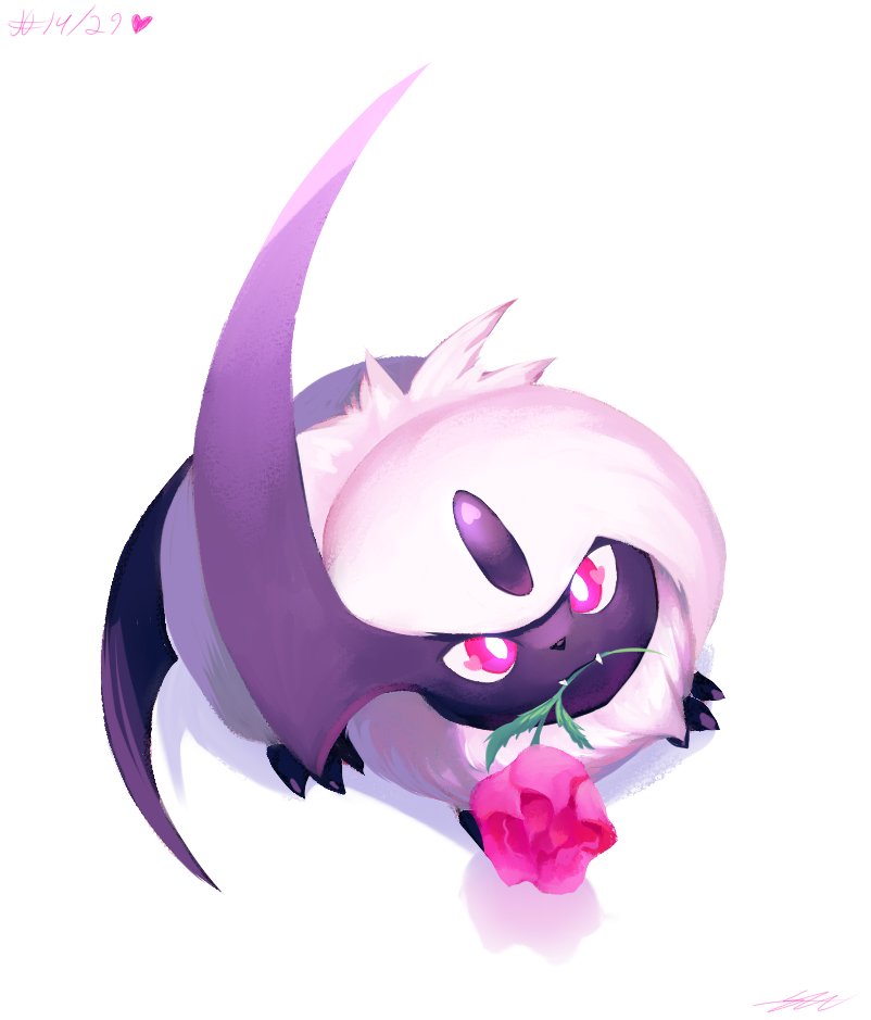 absol bright_pupils closed_mouth fangs fangs_out flower heart likey mouth_hold no_humans pink_eyes pink_flower pokemon pokemon_(creature) solo white_fur white_pupils