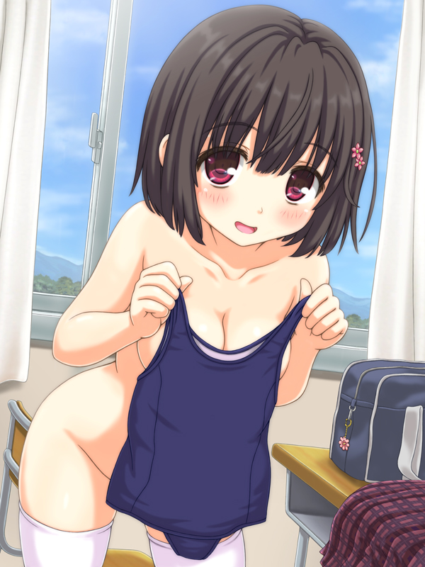 1girl aoi_akua bag blue_one-piece_swimsuit blue_sky blush breasts brown_hair chair classroom cleavage collarbone cowboy_shot curtains day desk flower groin hair_flower hair_ornament hands_up holding holding_clothes holding_swimsuit indoors leaning_forward looking_at_viewer medium_breasts nude one-piece_swimsuit open_mouth original plaid plaid_skirt pleated_skirt red_eyes red_skirt school_bag school_chair school_desk school_swimsuit short_hair skirt sky smile solo standing straight_hair swimsuit thighhighs unworn_clothes unworn_skirt unworn_swimsuit white_thighhighs window