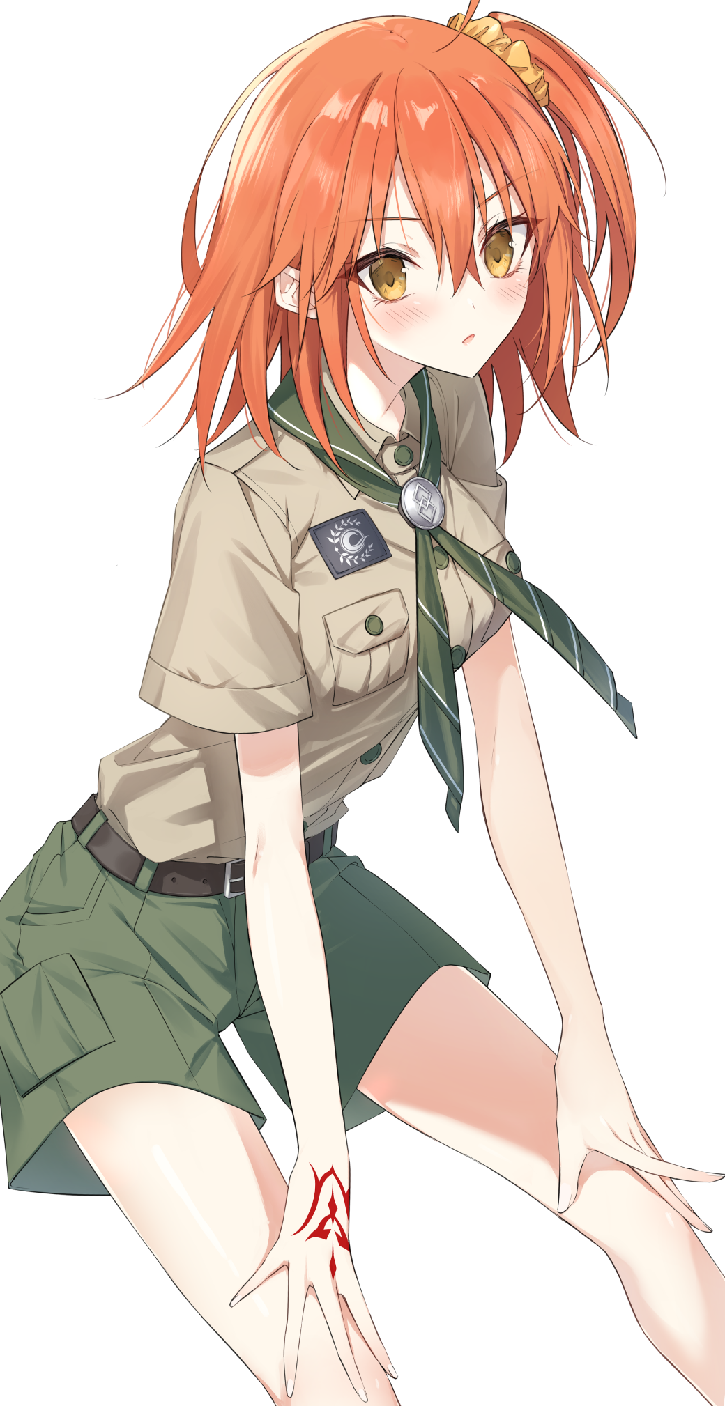 1girl ahoge bare_legs belt black_belt blush breasts buttons chaldea_logo collared_shirt command_spell fate/grand_order fate_(series) fujimaru_ritsuka_(female) fujimaru_ritsuka_(female)_(chaldea_pathfinder) green_necktie green_shorts hair_between_eyes hair_ornament hair_scrunchie highres looking_at_viewer necktie orange_hair packet pttyr scout_uniform scrunchie shirt short_hair short_sleeves shorts white_background