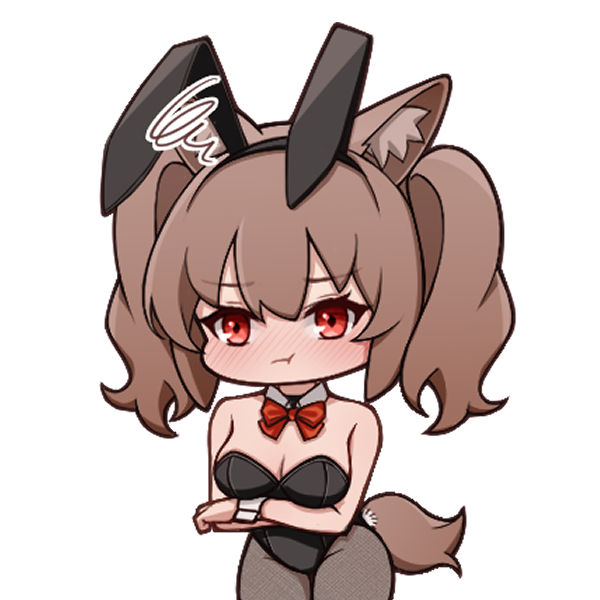 1girl :t angelina_(arknights) animal_ear_fluff animal_ears arknights arms_under_breasts bare_shoulders black_hairband black_leotard blush bow breasts brown_hair brown_pantyhose chibi cleavage closed_mouth collar detached_collar fake_animal_ears hair_between_eyes hairband leotard lxjun_09 medium_breasts nose_blush pantyhose playboy_bunny pout rabbit_ears red_bow red_eyes simple_background solo squiggle strapless strapless_leotard tail twintails white_background white_collar wing_collar wrist_cuffs