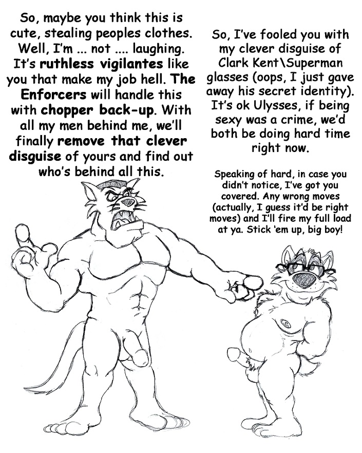 angry anthro badger bold_text bruce_(brucebadger) brucebadger commander_feral dialogue domestic_cat duo english_text erection eyewear felid feline felis genitals gesture glasses greyscale hand_gesture hands_behind_back humanoid_genitalia humanoid_penis male male/male mammal mischevious monochrome muscular muscular_male mustelid musteline navel nipples nude open_mouth ornery overweight overweight_male penis pointing pointing_at_another sharp_teeth teeth text whiskers