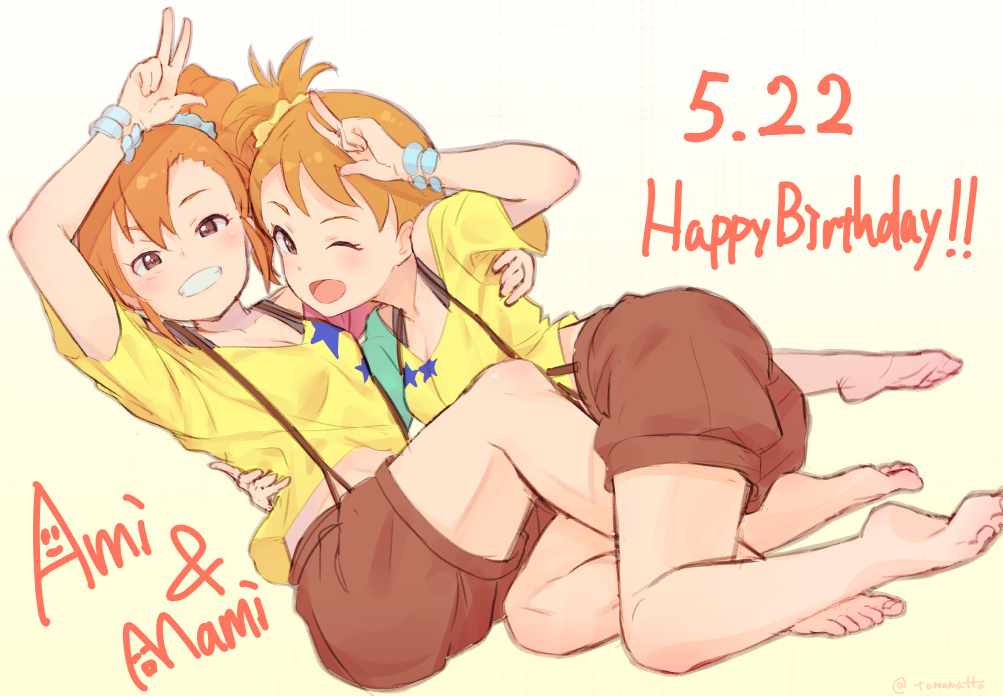 2girls bare_legs barefoot blush breasts brown_eyes character_name dated futami_ami futami_mami gradient_background grin hair_between_eyes hair_ornament hair_scrunchie happy_birthday idolmaster idolmaster_(classic) looking_at_viewer medium_breasts multiple_girls one_eye_closed open_mouth orange_hair ponytail scrunchie shirt short_shorts short_sleeves shorts siblings simple_background sisters smile star_(symbol) star_print suspenders tomamatto twins w yellow_shirt