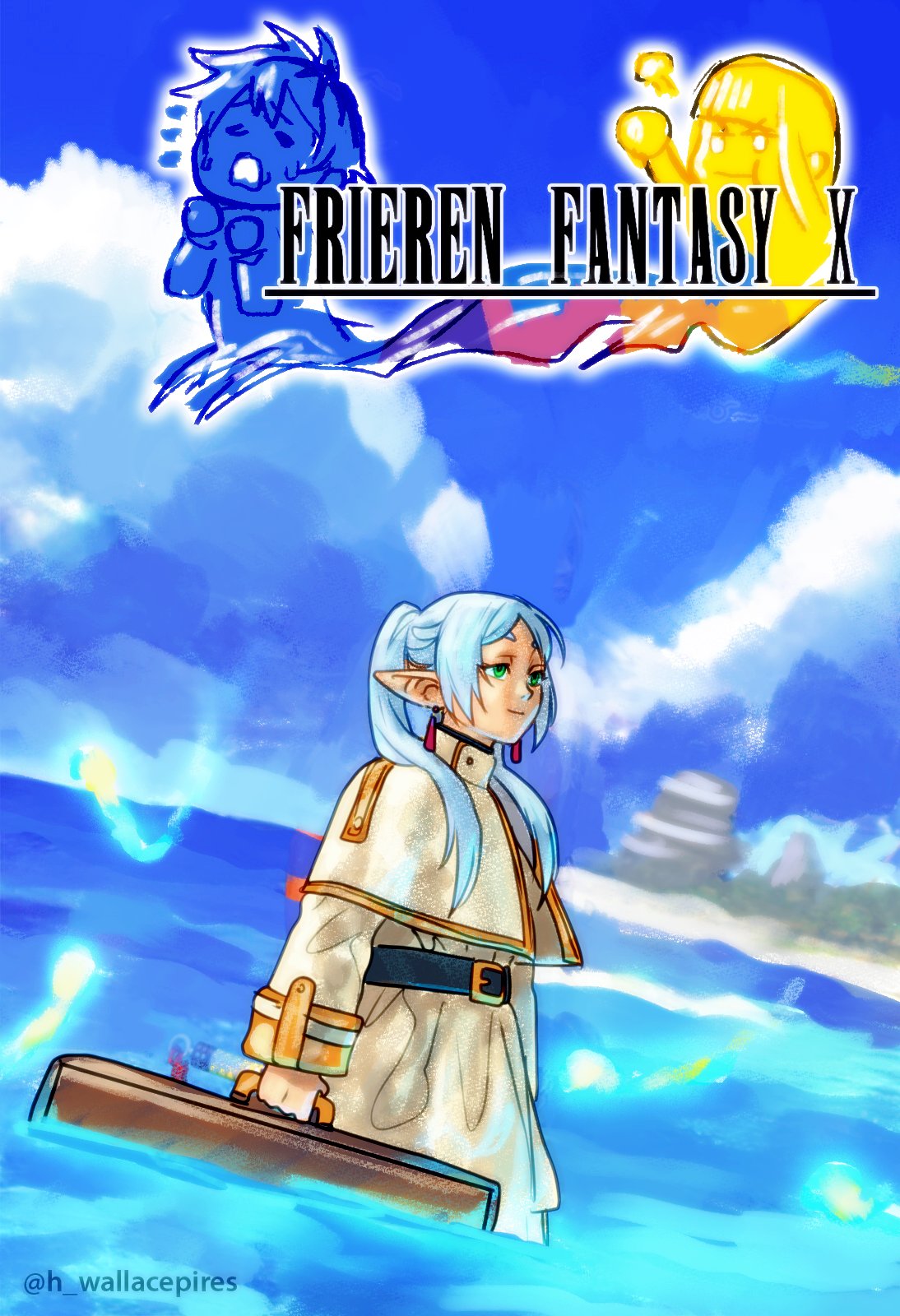1boy 2girls artist_name beach belt blue_sky box_art cloud cover fake_box_art fern_(sousou_no_frieren) final_fantasy final_fantasy_x frieren highres holding holding_suitcase multiple_girls ocean parody partially_submerged pointy_ears sky smile solo_focus sousou_no_frieren stark_(sousou_no_frieren) suitcase twitter_username video_game_cover wallace_pires