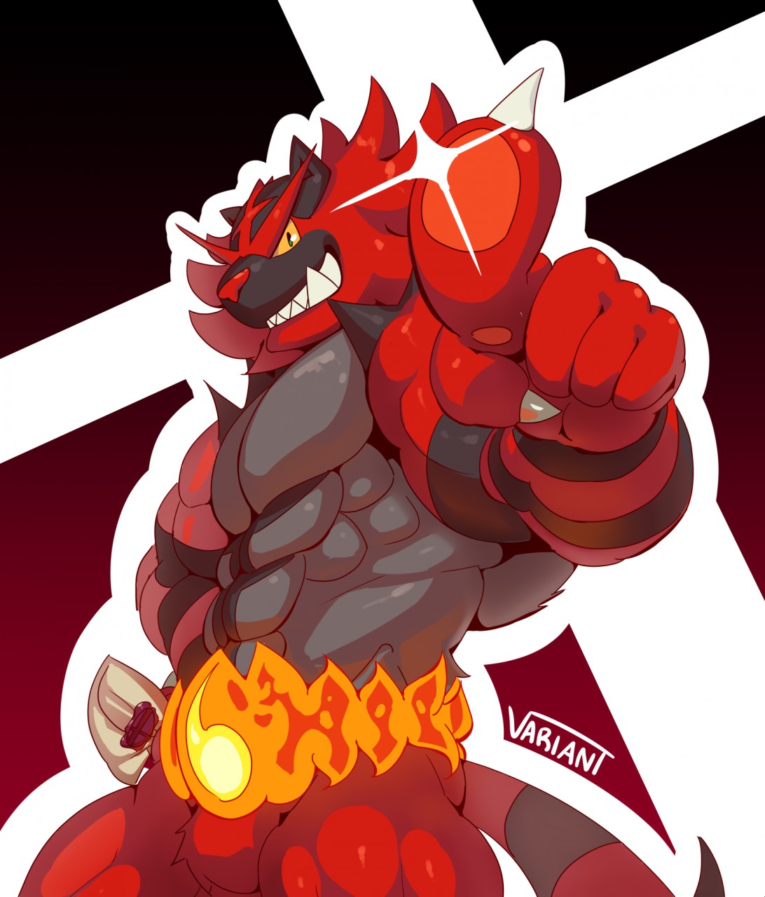 abs anthro anthrofied biceps biped blue_eyes fur generation_7_pokemon gesture hand_gesture hi_res incineroar looking_at_viewer male muscular muscular_anthro muscular_male nintendo pecs pointing pointing_at_viewer pokemon pokemon_(species) pokemorph red_body red_fur sharp_teeth simple_background solo teeth unavailable_at_source viridianvariant yellow_sclera