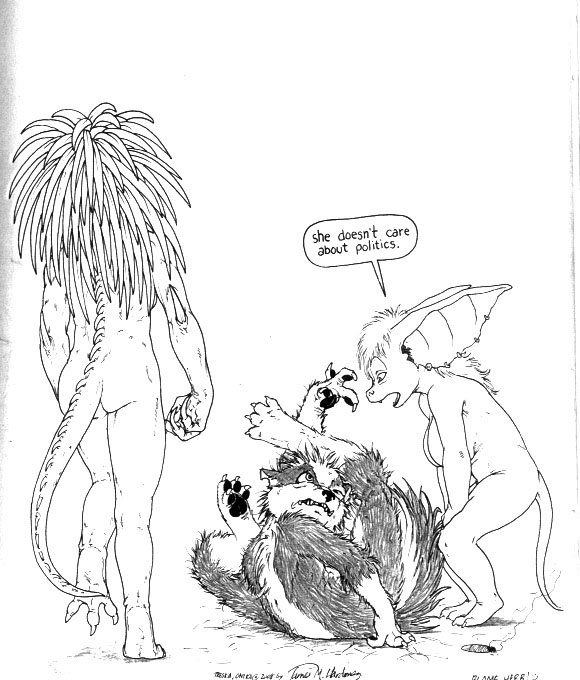 3_toes 4_toes anthro asar breasts dialogue digitigrade english_text eye_contact feet female group humor james_m_hardiman looking_at_another male mammal mangled mephitid onika pawpads skunk speech_bubble tail text toes treska trio wounded