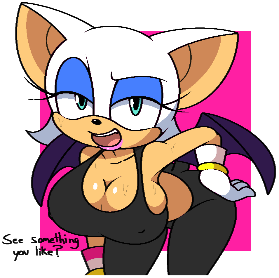 anthro bat bodily_fluids breasts cleavage clothed clothing dialogue english_text eyeshadow female fur gloves half-closed_eyes handwear lipstick looking_at_viewer makeup mammal narrowed_eyes open_mouth rouge_the_bat sega simple_background solo sonic_the_hedgehog_(series) sweat tan_body tan_skin text vilepluff white_body white_fur wings