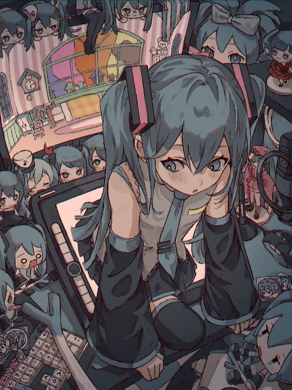 6+girls :o bare_shoulders black_skirt black_thighhighs blue_eyes blue_hair blue_necktie blue_trim bright_pupils character_doll crossed_bangs desk detached_sleeves drawing_tablet figure from_above grey_shirt hatsune_miku indoors keyboard_(computer) long_hair looking_down mini_person minigirl monitor mouse_(computer) multiple_girls multiple_persona necktie open_mouth shirt sitting skirt sleeveless sleeveless_shirt spring_onion thighhighs through_medium through_screen tomoja_rs twintails vocaloid white_pupils