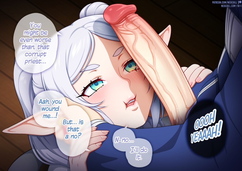 1boy 1girl blush cheek_bulge elf english_text erection frieren green_eyes grey_hair hands_on_another's_cheeks hands_on_another's_face hetero himmel_(sousou_no_frieren) imminent_fellatio large_penis long_hair looking_at_penis neocoill open_mouth parted_bangs penis pointy_ears solo_focus sousou_no_frieren speech_bubble veins veiny_penis