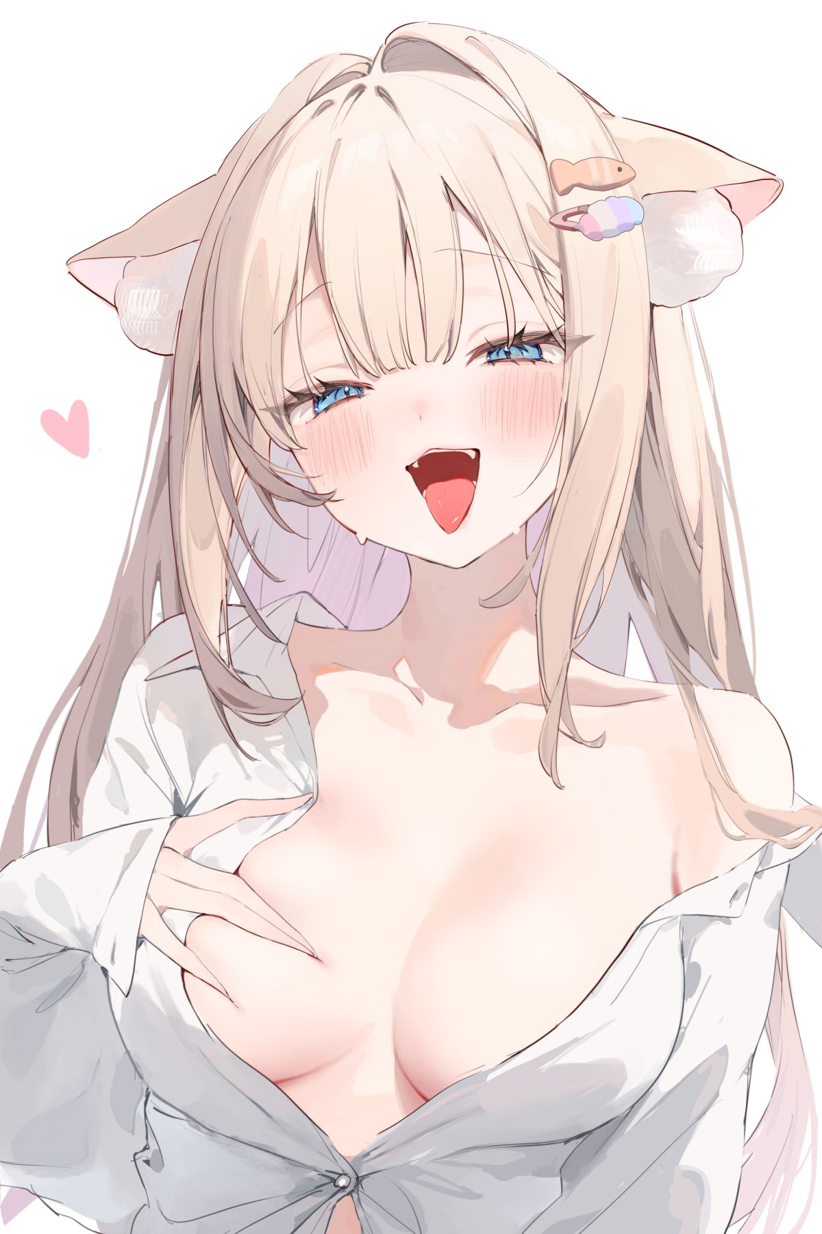 1girl :d animal_ear_fluff animal_ears arm_at_side armpit_crease bare_shoulders blonde_hair blue_eyes blush breasts breasts_apart cat_ears cat_girl collarbone colored_inner_hair dot_nose hair_between_eyes hair_intakes hair_ornament hairclip half-closed_eyes hand_on_own_chest highres indie_virtual_youtuber large_breasts long_hair looking_at_viewer multicolored_hair off_shoulder open_mouth pink_hair sidelocks simple_background smile solo straight_hair teeth tsukimachi_nyamo upper_body upper_teeth_only virtual_youtuber white_background yuita_(yuita17)