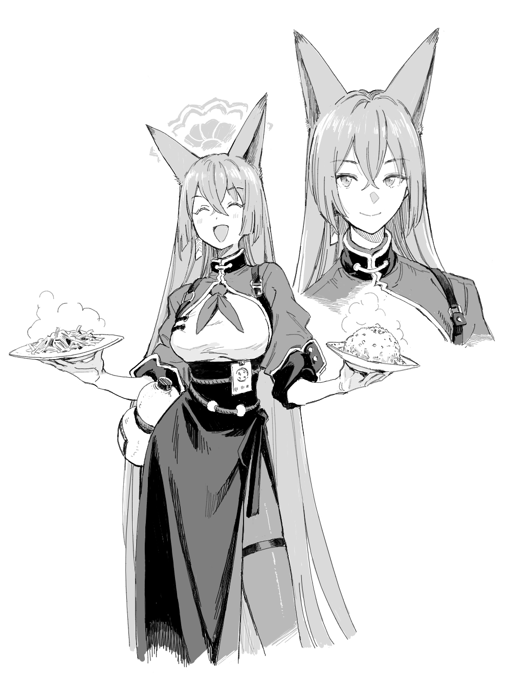 1girl animal_ears blue_archive blush chest_harness chinese_clothes closed_eyes closed_mouth cropped_shoulders crossed_bangs dress facing_viewer food fox_ears fried_rice gourd greyscale hair_between_eyes halo harness highres hiro_(chumo) holding holding_plate holster long_hair looking_at_viewer monochrome multiple_views neckerchief open_mouth pantyhose plate rope_belt rumi_(blue_archive) shoulder_holster simple_background smile turtleneck_dress white_background