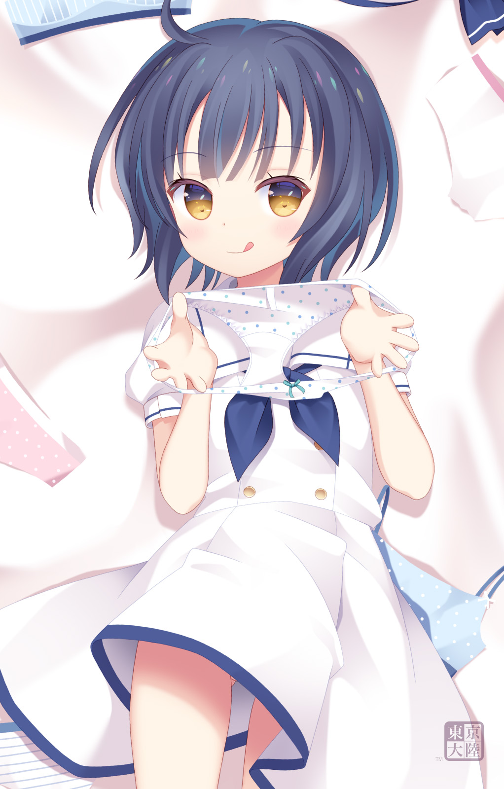 1girl :q blue_hair blue_neckerchief blush clothes dress flat_chest gochuumon_wa_usagi_desu_ka? highres holding holding_clothes holding_panties holding_underwear jouga_maya kurasawa_kyoushou looking_at_viewer lying neckerchief on_back panties presenting_removed_panties short_hair smile solo tongue tongue_out underwear white_dress white_panties yellow_eyes