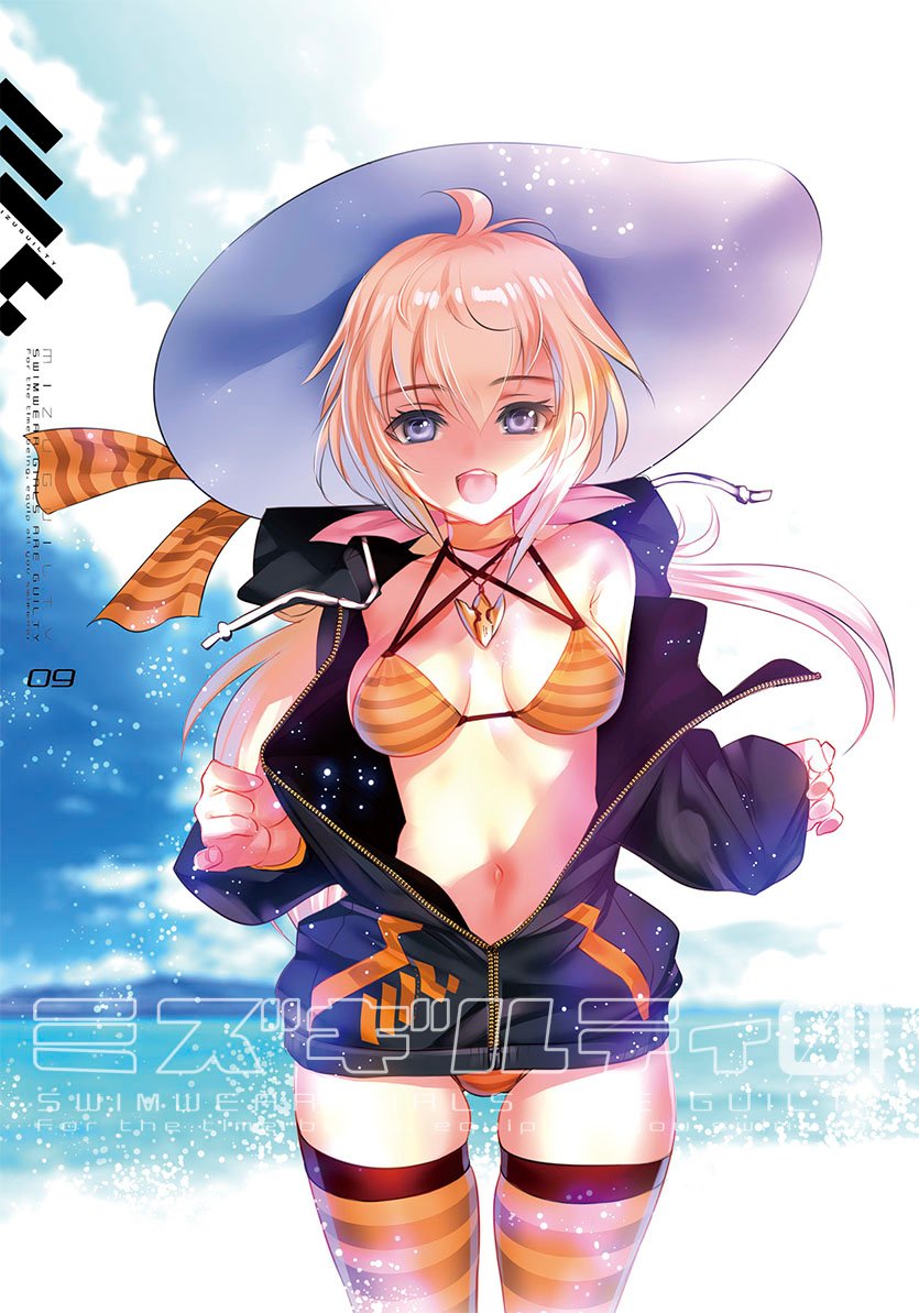 1girl ahoge beach bikini blonde_hair blue_eyes blue_sky breasts choco_(chocolate_shop) cloud copyright_request day hat jacket long_hair looking_at_viewer medium_breasts open_clothes open_jacket open_mouth orange_bikini orange_thighhighs original outdoors ponytail sky smile solo striped_clothes striped_thighhighs sun_hat sunlight swimsuit thighhighs water